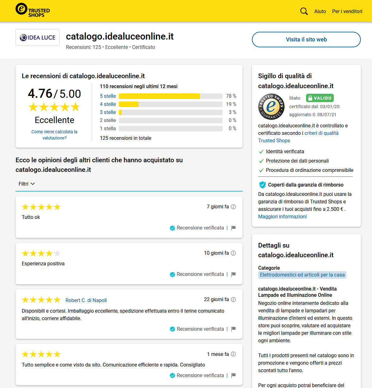 Recensioni IdeaLuce Trusted Shops